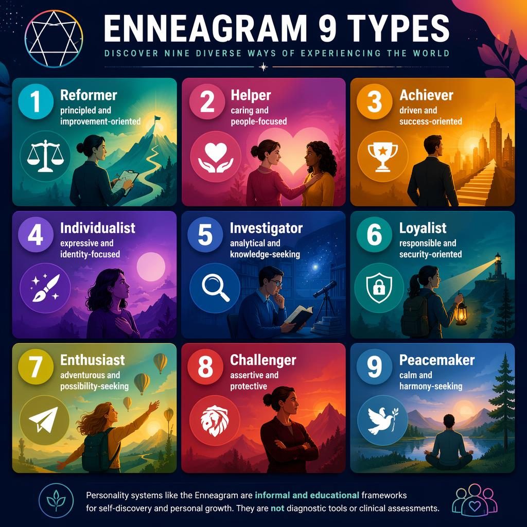 Infografía editorial de psicología con matriz 3x3 de 9 tarjetas del Eneagrama, iconos distintivos y fondo abstracto colorido