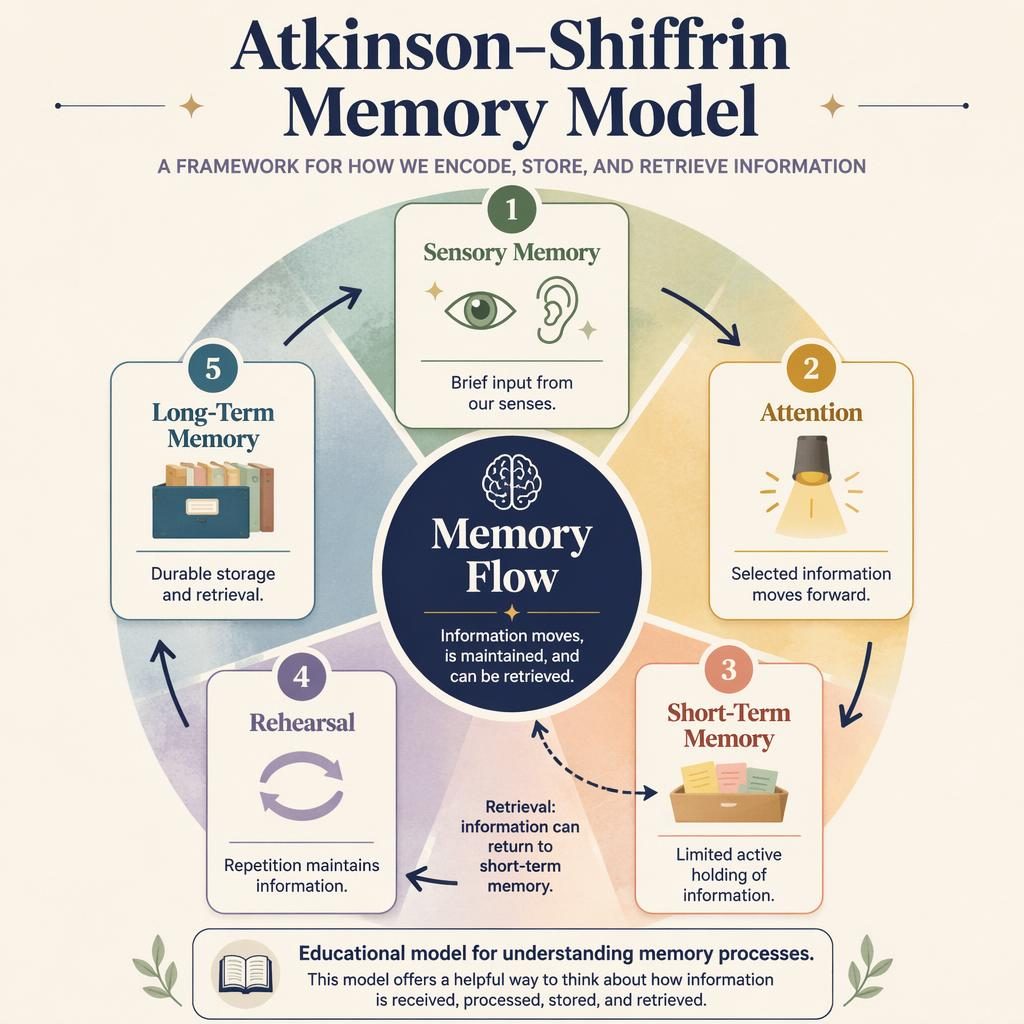 Editorial psychology infographic of the Atkinson–Shiffrin Memory Model with 5 radial cards, icons, arrows, and muted rainbow colors.