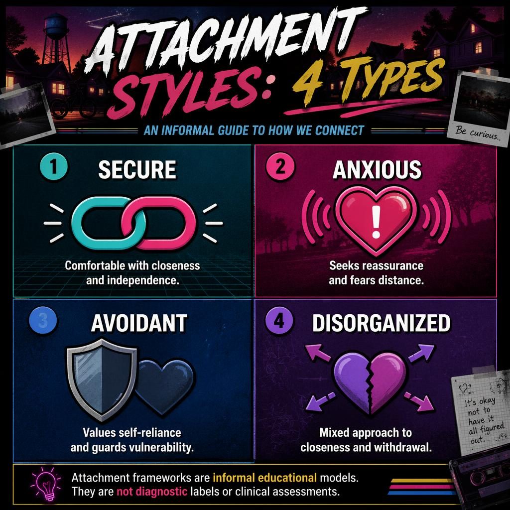 Colorful 2x2 attachment styles infographic with Secure, Anxious, Avoidant, and Disorganized panels and simple icons.
