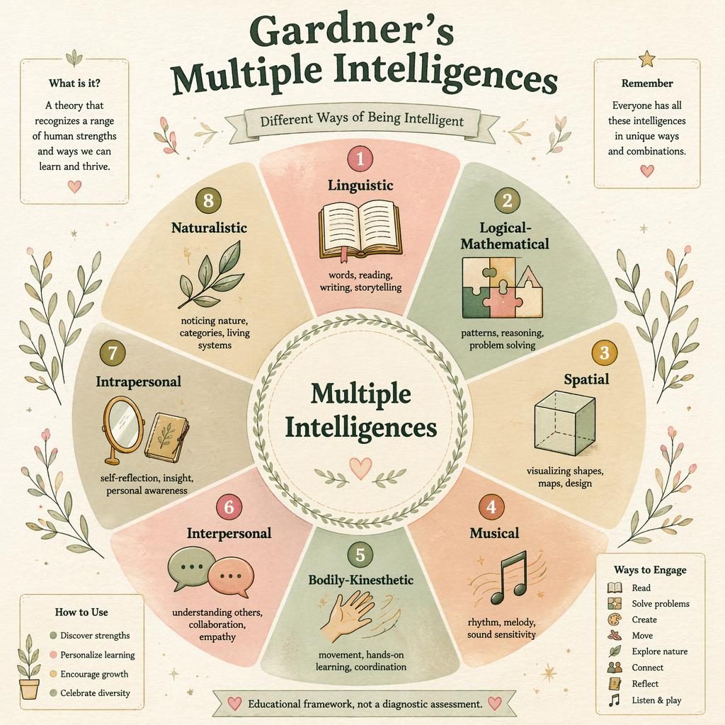 Hand-illustrated psychology wheel infographic of Gardner's Multiple Intelligences with 8 labeled segments and icons.