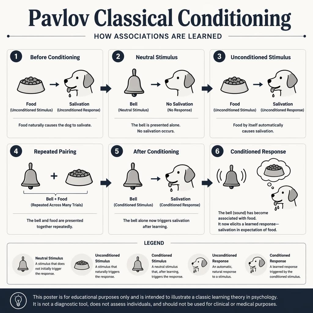 Minimal monochrome psychology infographic poster with 6 numbered cards explaining Pavlov classical conditioning.