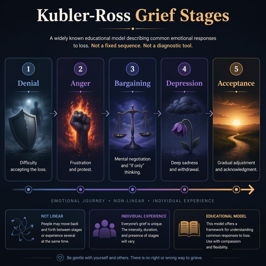 Dark mode infographic with 5 numbered cards for Kubler-Ross grief stages, icons, captions, subtitle, and progression arrow.