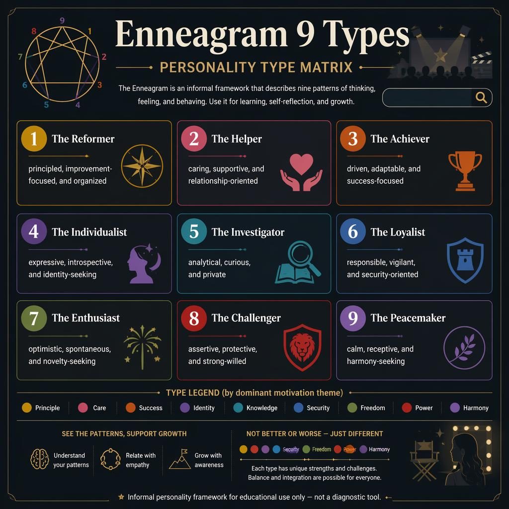 Dark mode Enneagram 9 Types infographic with 9 numbered cards in a 3x3 grid, icons, jewel-tone accents, and footer note.