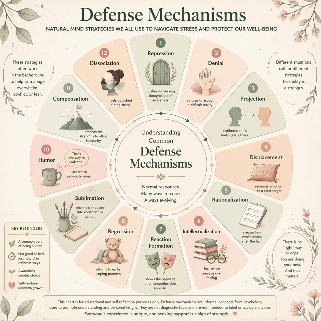 Editorial psychology wheel infographic on defense mechanisms with 12 labeled segments, icons, sage and blush palette.