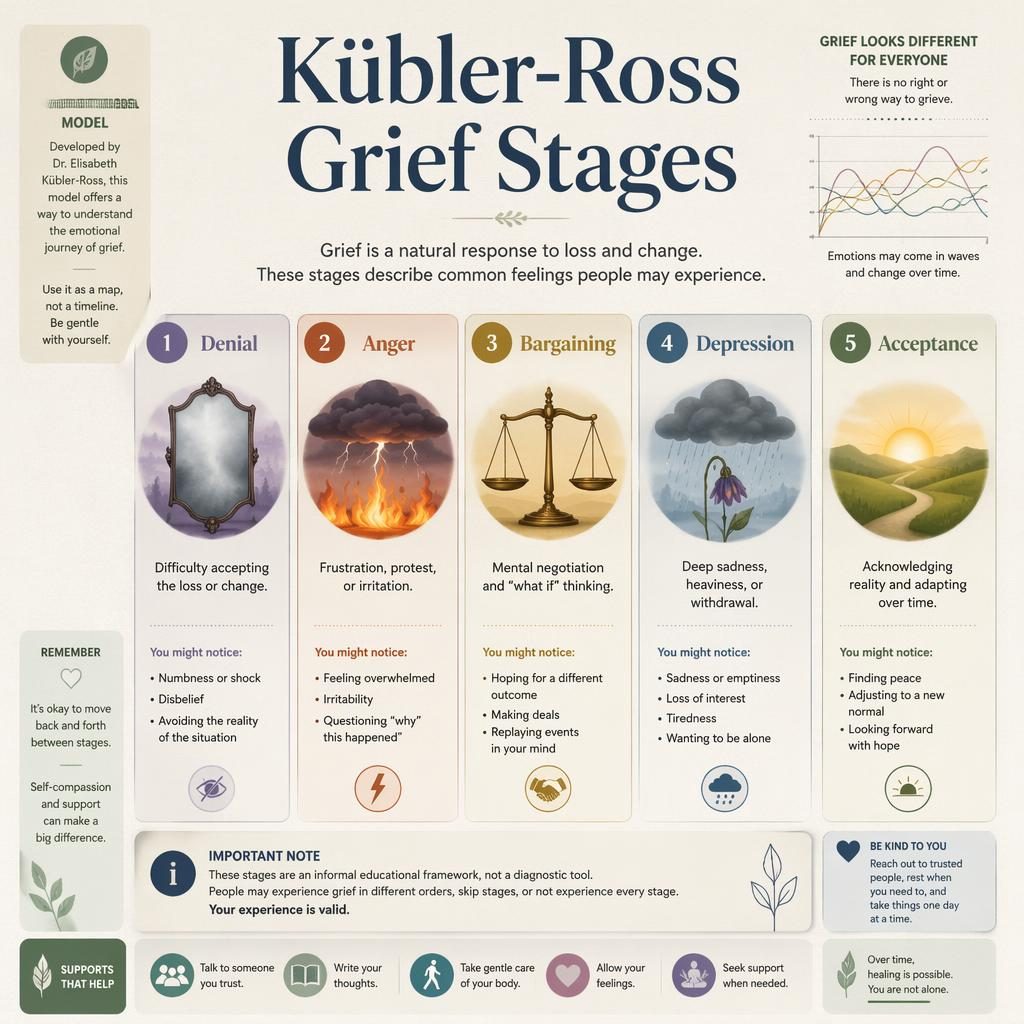 Editorial psychology infographic with five numbered grief stage cards, muted rainbow icons, sidebars, charts, and footer note.