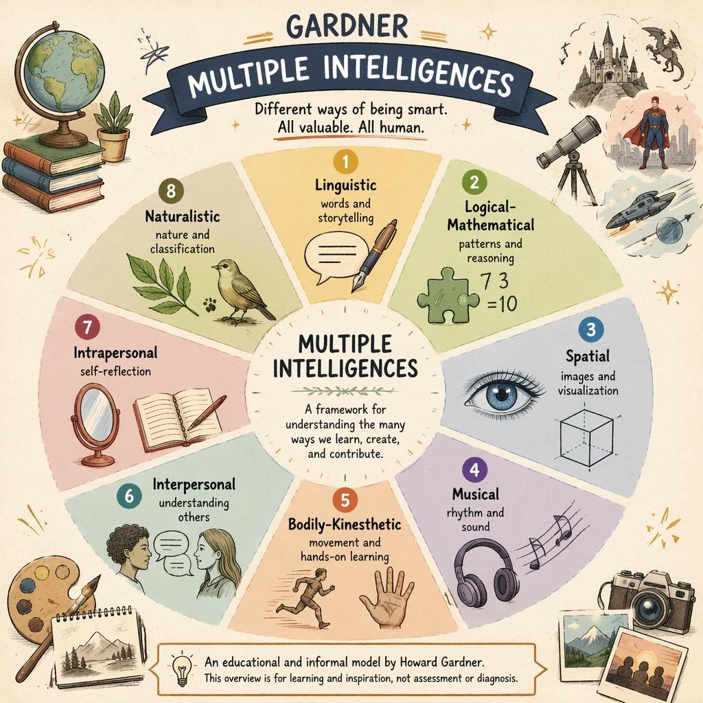 Sketchnote-style psychology wheel infographic on Gardner multiple intelligences with 8 labeled segments and icons.