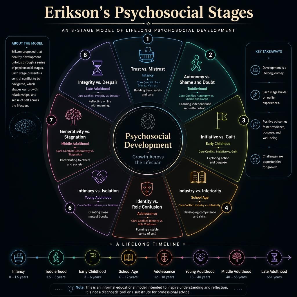 Dark mode psychology infographic wheel with 8 Erikson psychosocial stages, icons, age ranges, captions, and footer note.