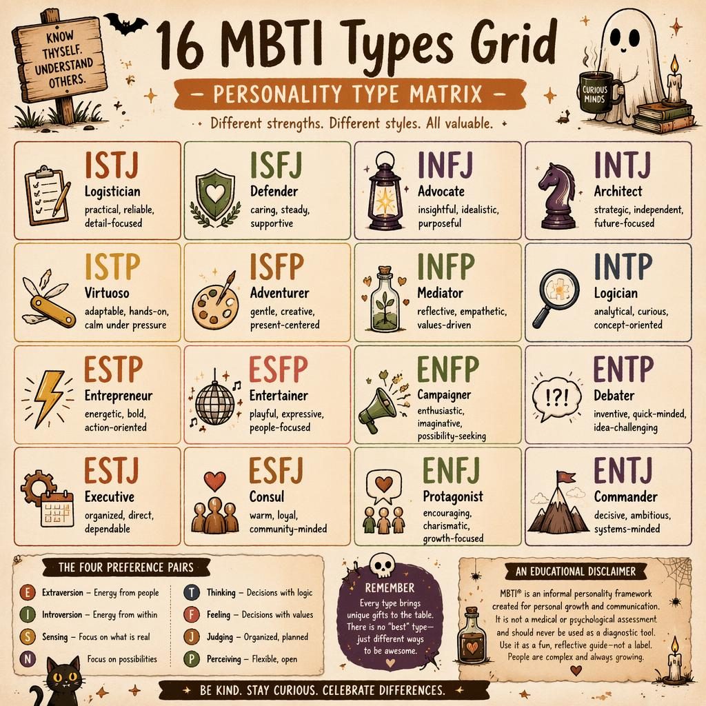 Editorial sketchnote infographic showing a 4x4 MBTI types grid with icons, warm earth tones, and an educational disclaimer.