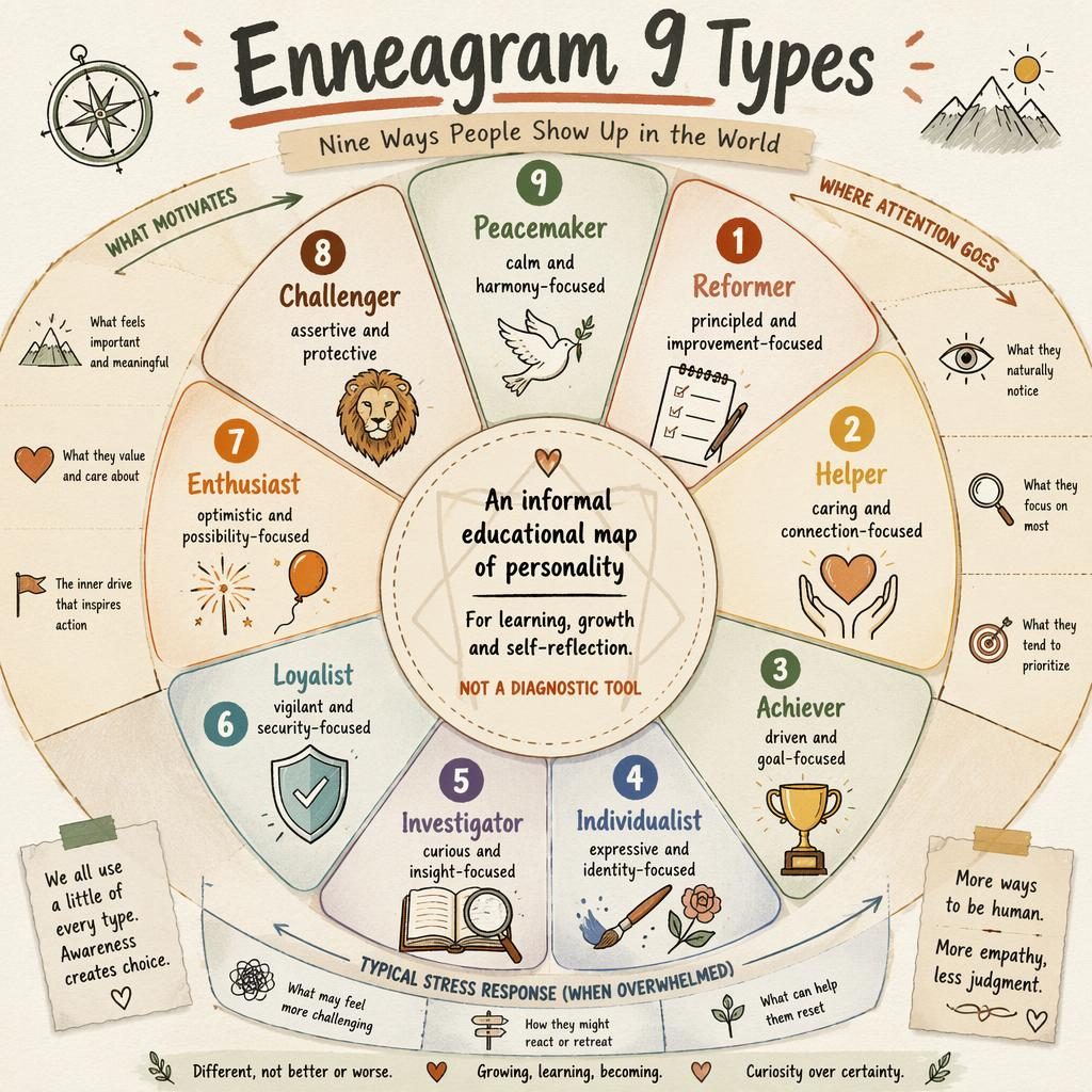 Infografía con rueda de 9 segmentos del eneagrama, iconos dibujados a mano, textos en inglés y paleta tierra cálida.