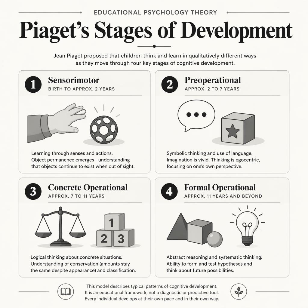 Monochrome educational poster grid showing Piaget's 4 stages with numbered cards, icons, captions, header, and footer note.