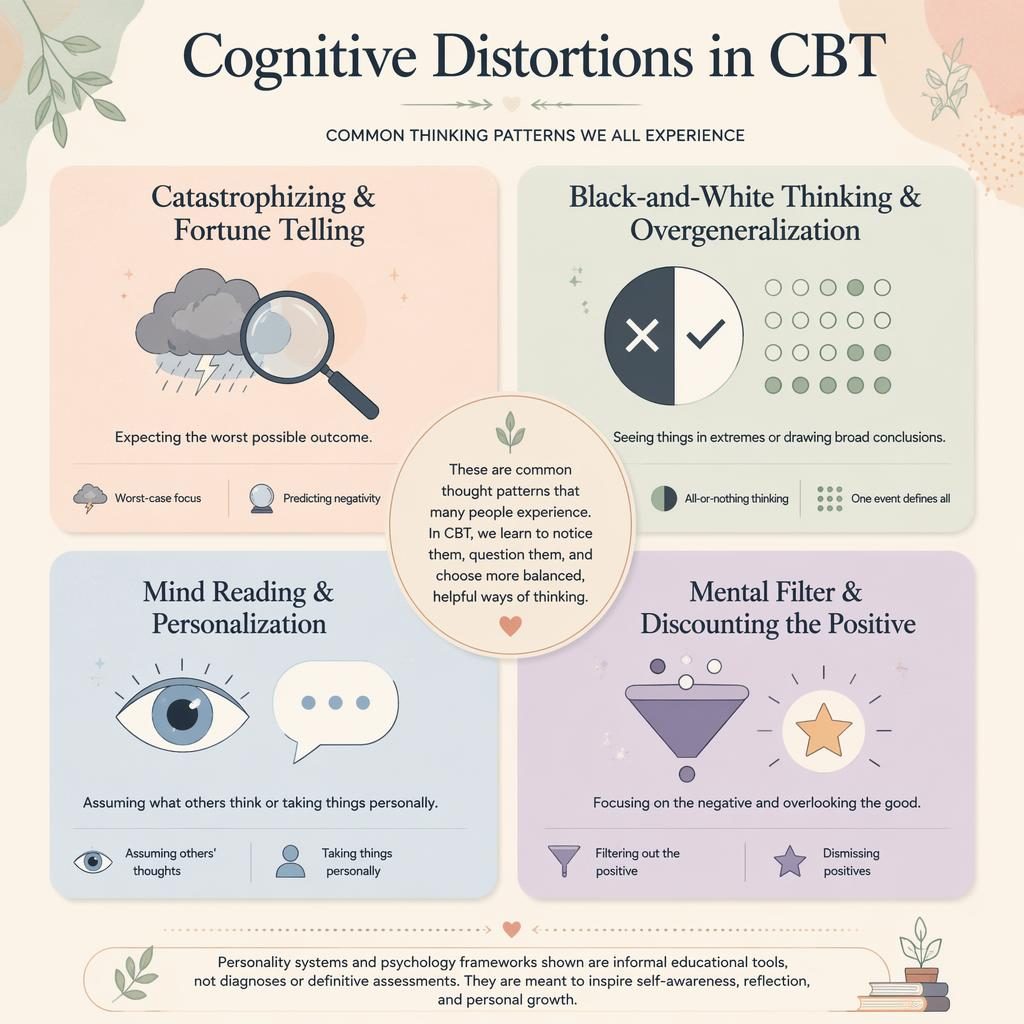 Pastel 2x2 psychology infographic poster with four CBT thought pattern groups, icons, central legend, and footer note.