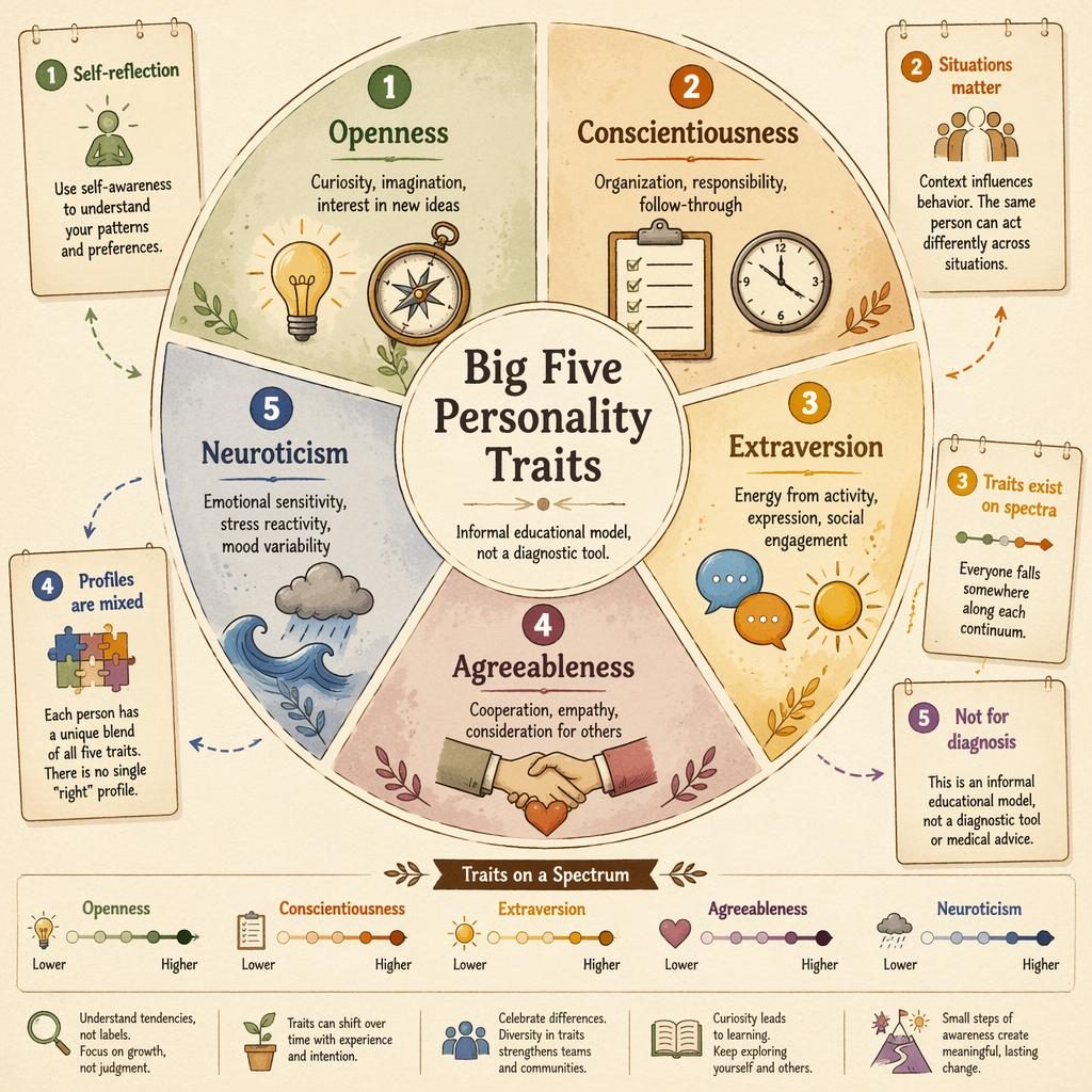 Kruhová infografika Big Five s 5 segmenty, ikonami, anglickými popisky, šipkami Lower–Higher a poznámkami.
