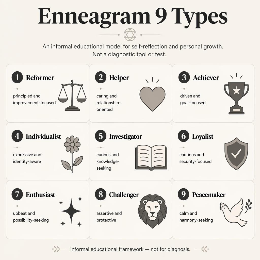 Minimal monochrome infographic poster with a 3x3 grid of nine Enneagram type cards, icons, captions, subtitle, and footer note.