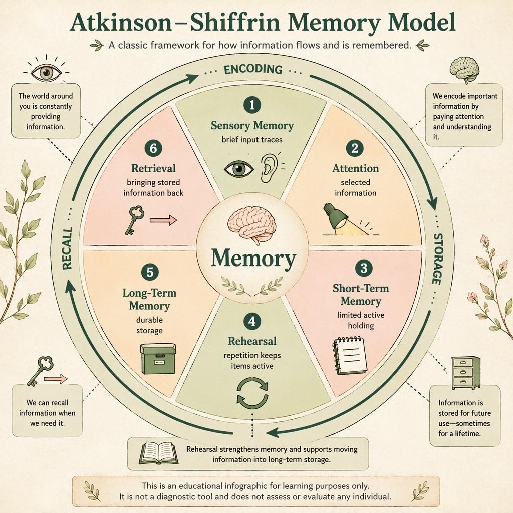 Educational memory model wheel infographic with concentric rings, icons, arrows, sage and blush palette, and English labels.