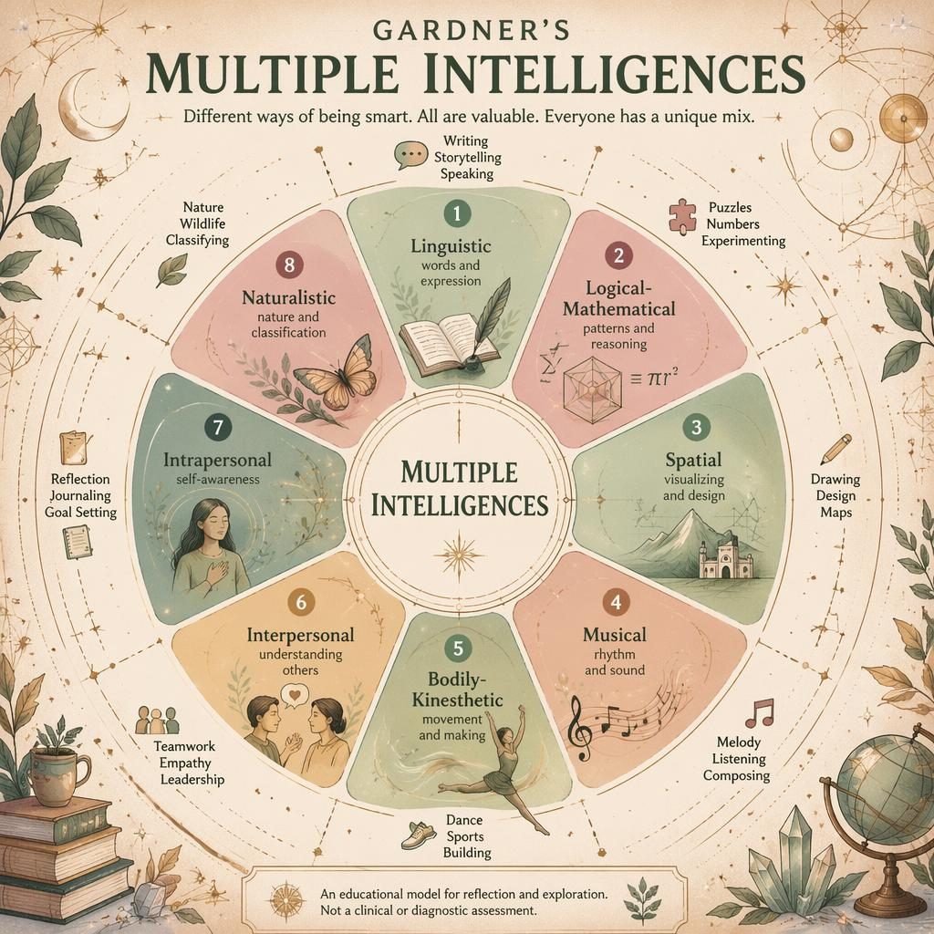 Radial infographic of Gardner's Multiple Intelligences with 8 labeled segments, icons, sage and blush palette, and footer note.