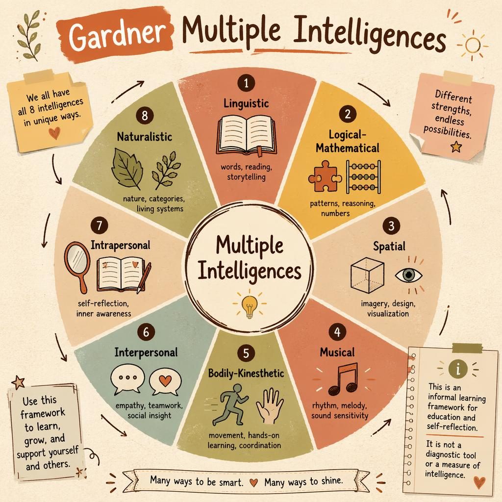 Sketchnote psychology infographic wheel on multiple intelligences with 8 labeled segments, icons, sidebar note, warm earth tones.