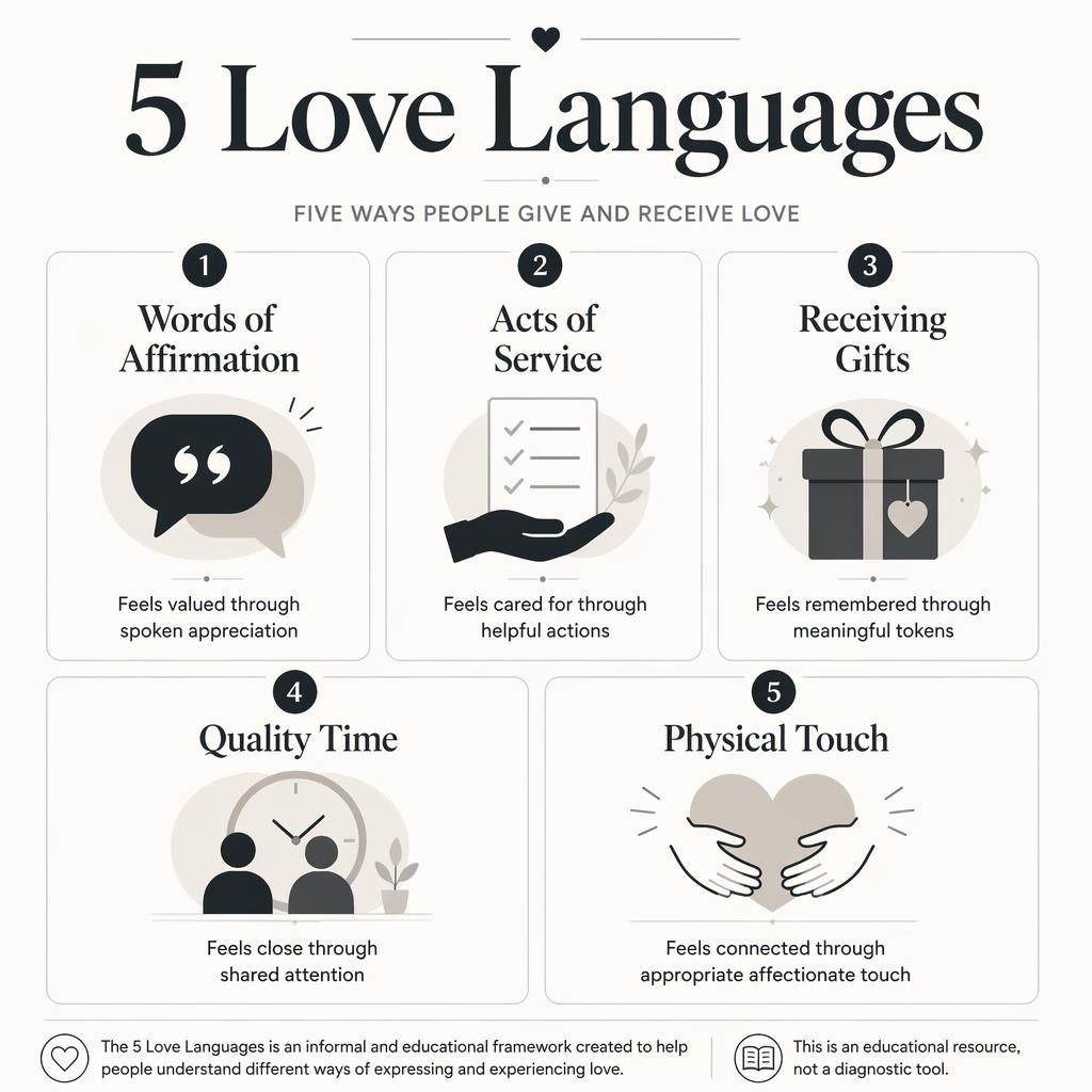 Póster infográfico monocromo con 5 tarjetas numeradas sobre Love Languages, iconos sutiles y texto en inglés.