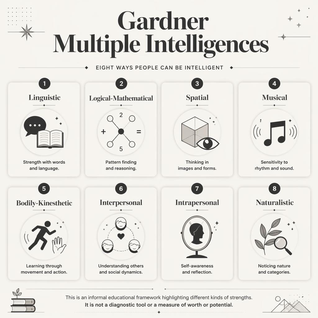 Monochrome educational poster grid with 8 numbered Gardner Multiple Intelligences cards, icons, captions, and footer note.