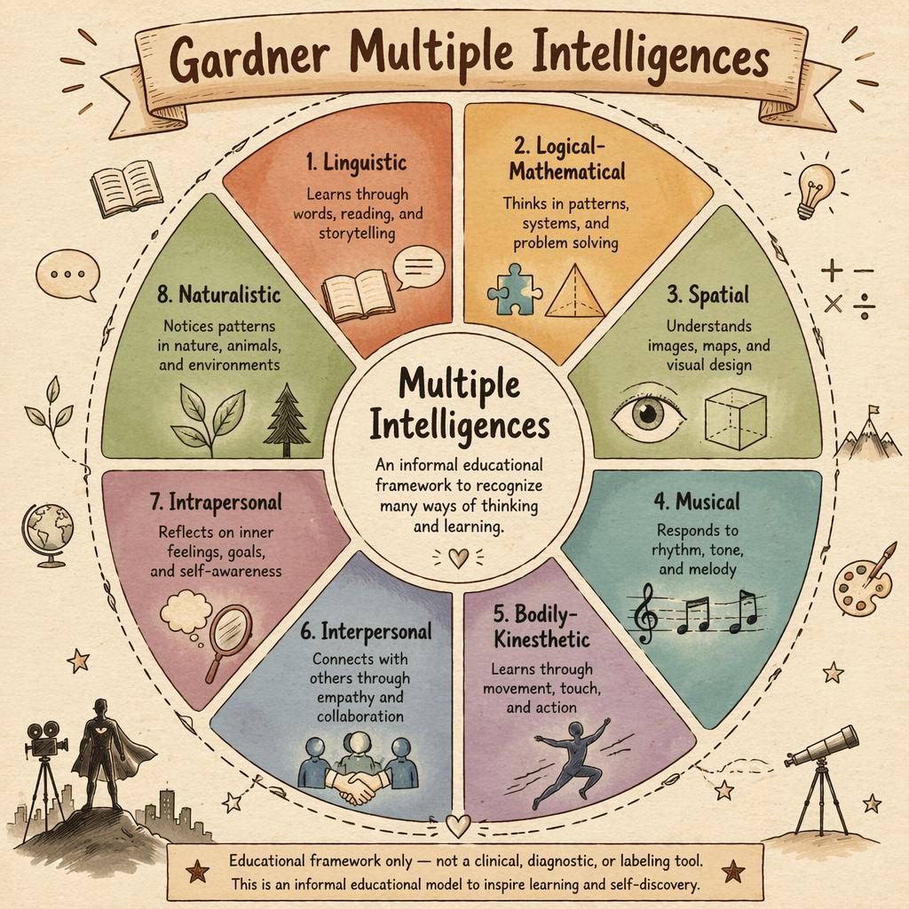 Sketchnote-style psychology wheel infographic with 8 multiple intelligences segments, icons, warm earth tones, and disclaimer.
