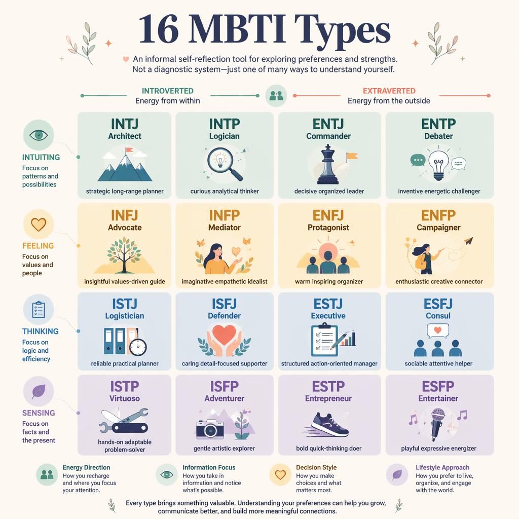 Infographie pastel montrant 16 cartes MBTI en grille 4x4, avec acronymes, noms, traits courts et icônes simples.