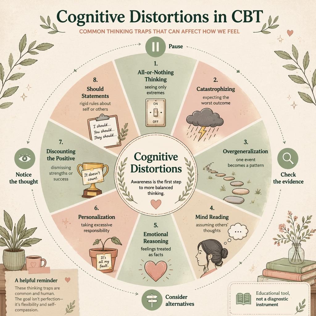 Editorial psychology wheel infographic with 8 cognitive distortions, icons, English labels, sage and blush palette.