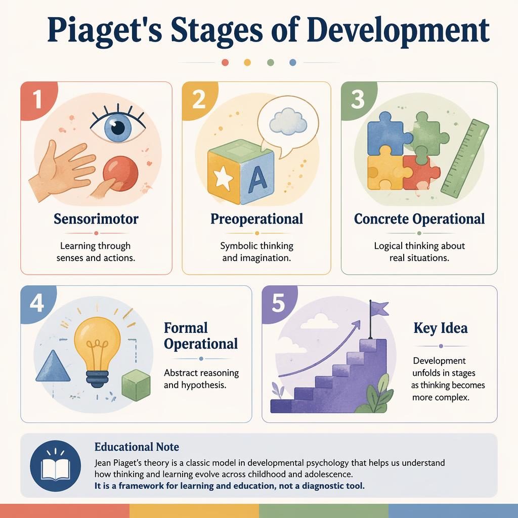 Educational infographic with 5 numbered cards showing Piaget's stages, icons, muted rainbow colors, and a small note.