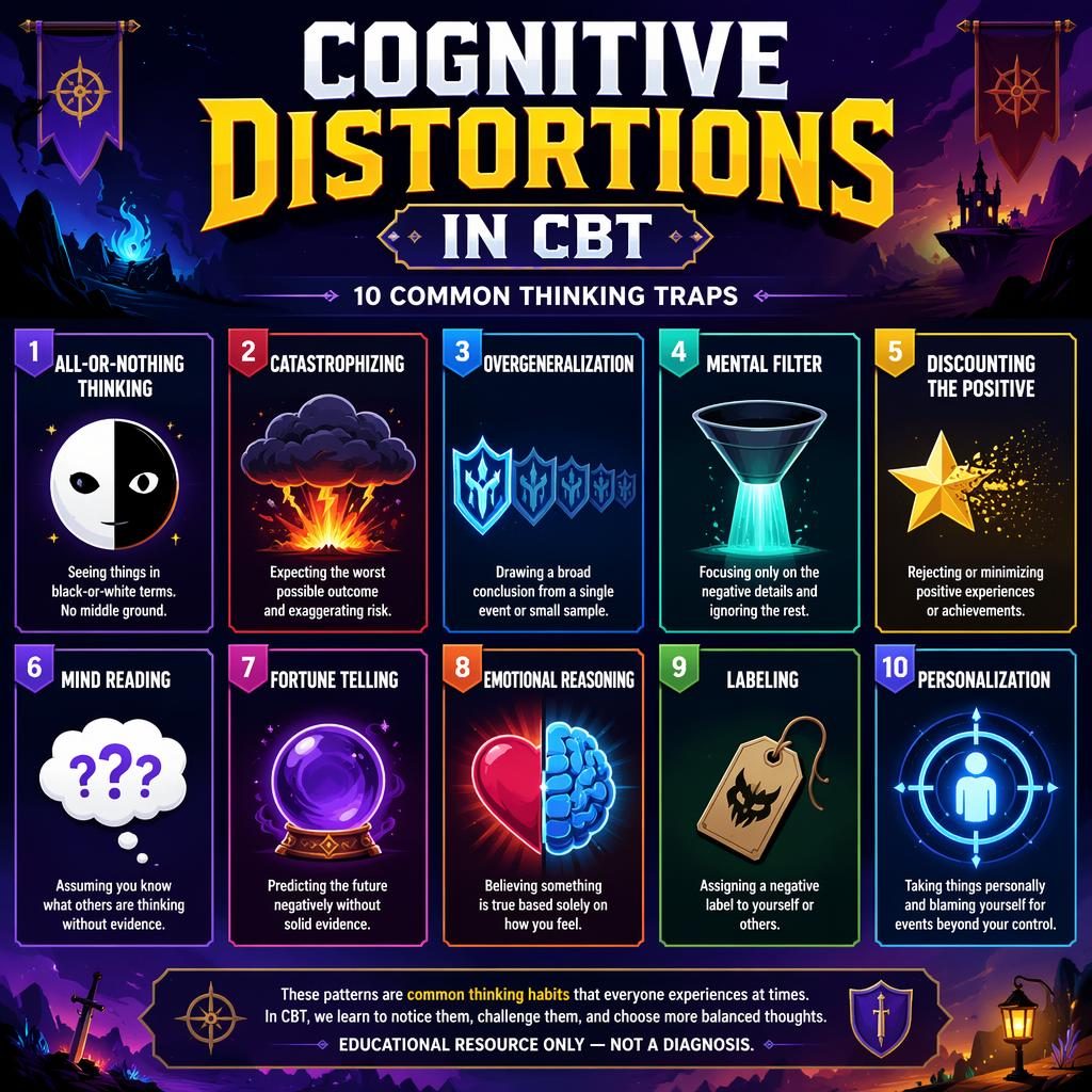 Editorial CBT infographic poster with 10 numbered cognitive distortion cards, bold gradient colors, crisp icons, and footer note.