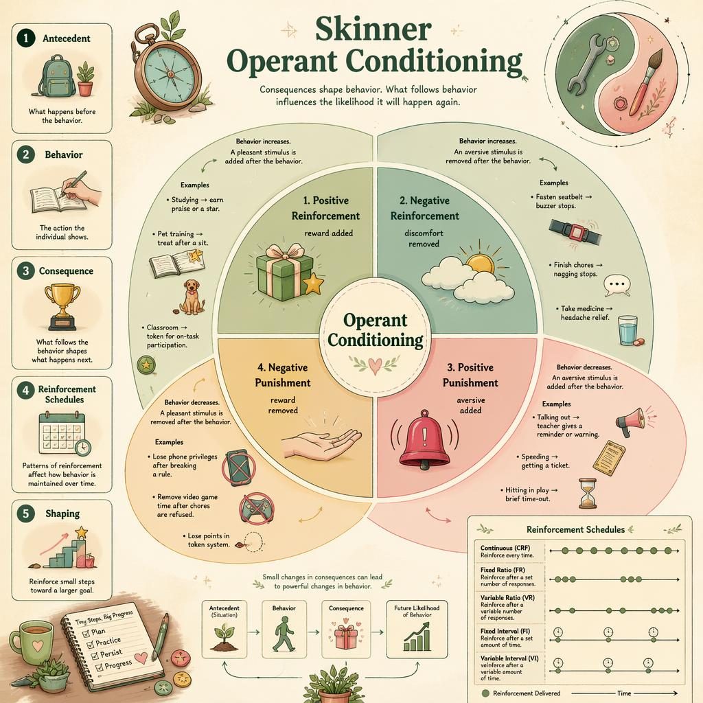 Hand-illustrated operant conditioning wheel infographic with four labeled segments, side callouts, legend panel, and soft sage blush palette.