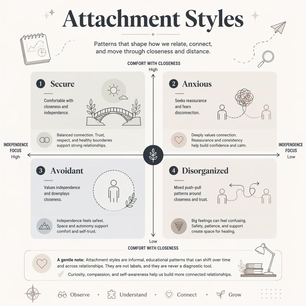 Monochrome attachment styles infographic in four panels with icons, captions, connection lines, boundaries, and note.
