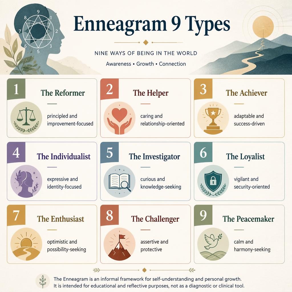 Editorial psychology infographic with a 3x3 grid of nine numbered Enneagram type cards, muted rainbow palette, icons, and footer note.