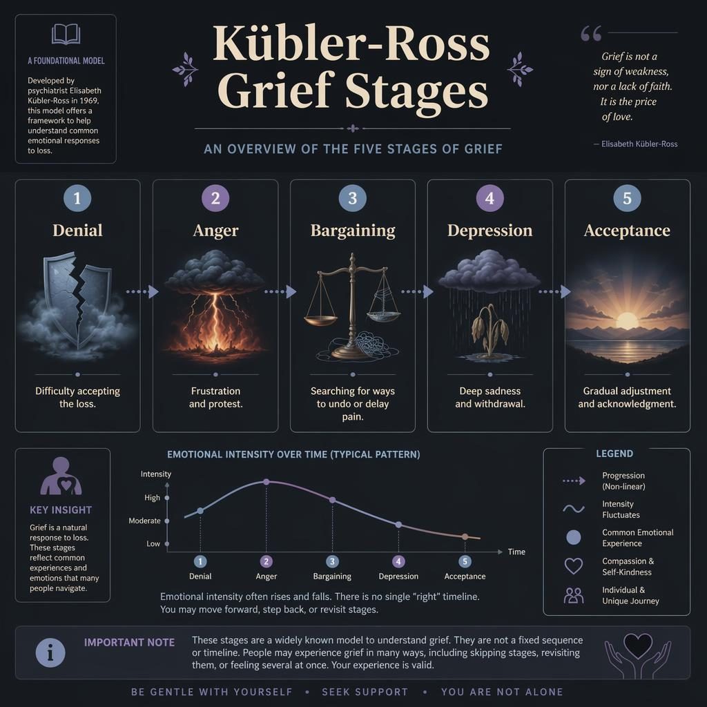 Dark mode psychology infographic with 5 numbered cards for grief stages, icons, arrows, sidebar note, and textbook layout.