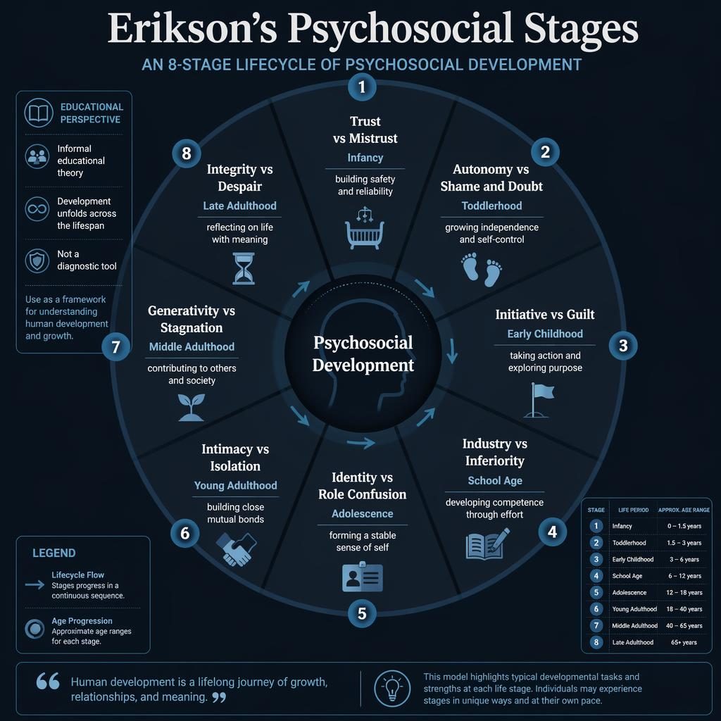 Dark mode psychology infographic wheel showing Erikson's 8 psychosocial stages with icons, age ranges, and notes.