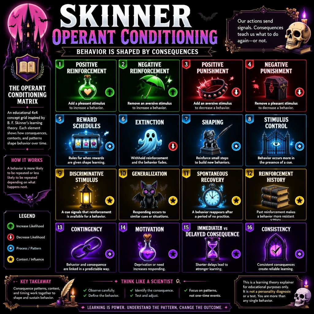 Educational 4x4 operant conditioning infographic grid with 16 illustrated cards, neon gradients, icons, arrows, and legend blocks.