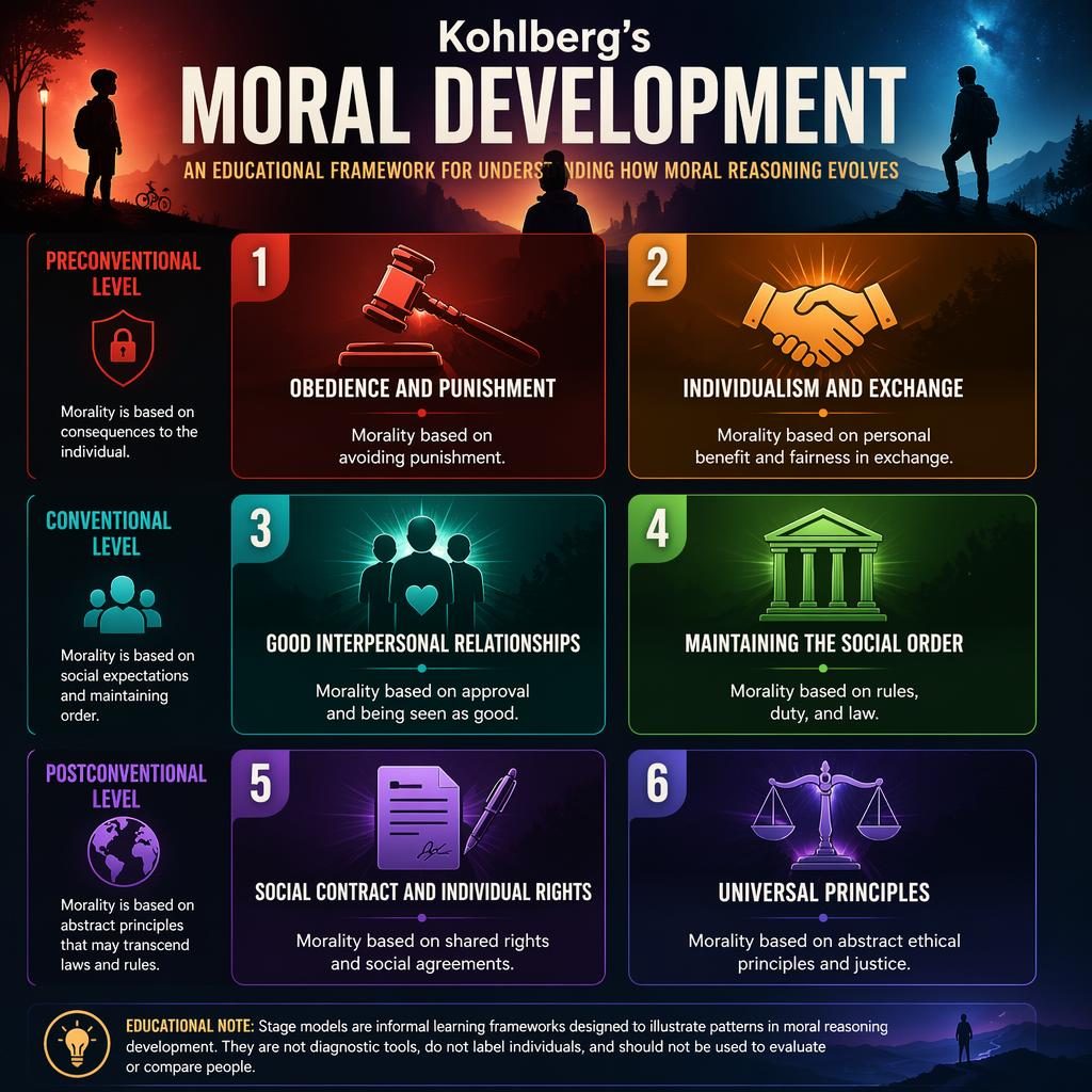 Editorial psychology infographic showing 6 Kohlberg moral development stage cards in a gradient matrix with icons and level labels.