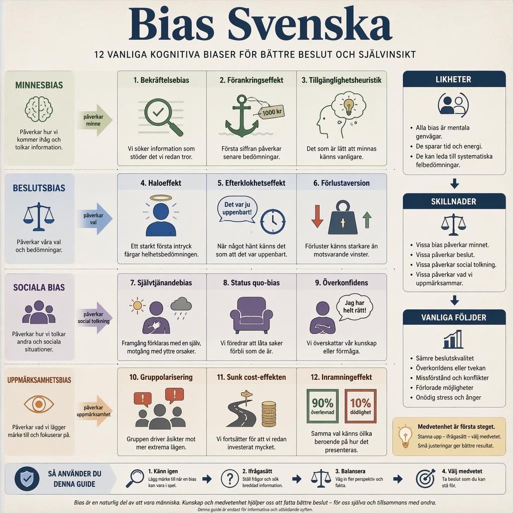 Fotorealistisk poster med titeln Bias Svenska, rutnät av 12 kognitiva bias med svenska kategorier, ikoner och pilar.