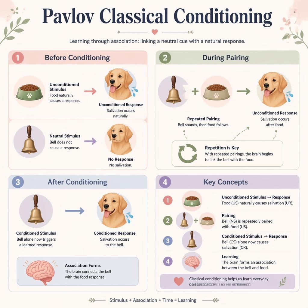 Pastel psychology infographic with four quadrants explaining Pavlov classical conditioning using bell, dog, food bowl, arrows.