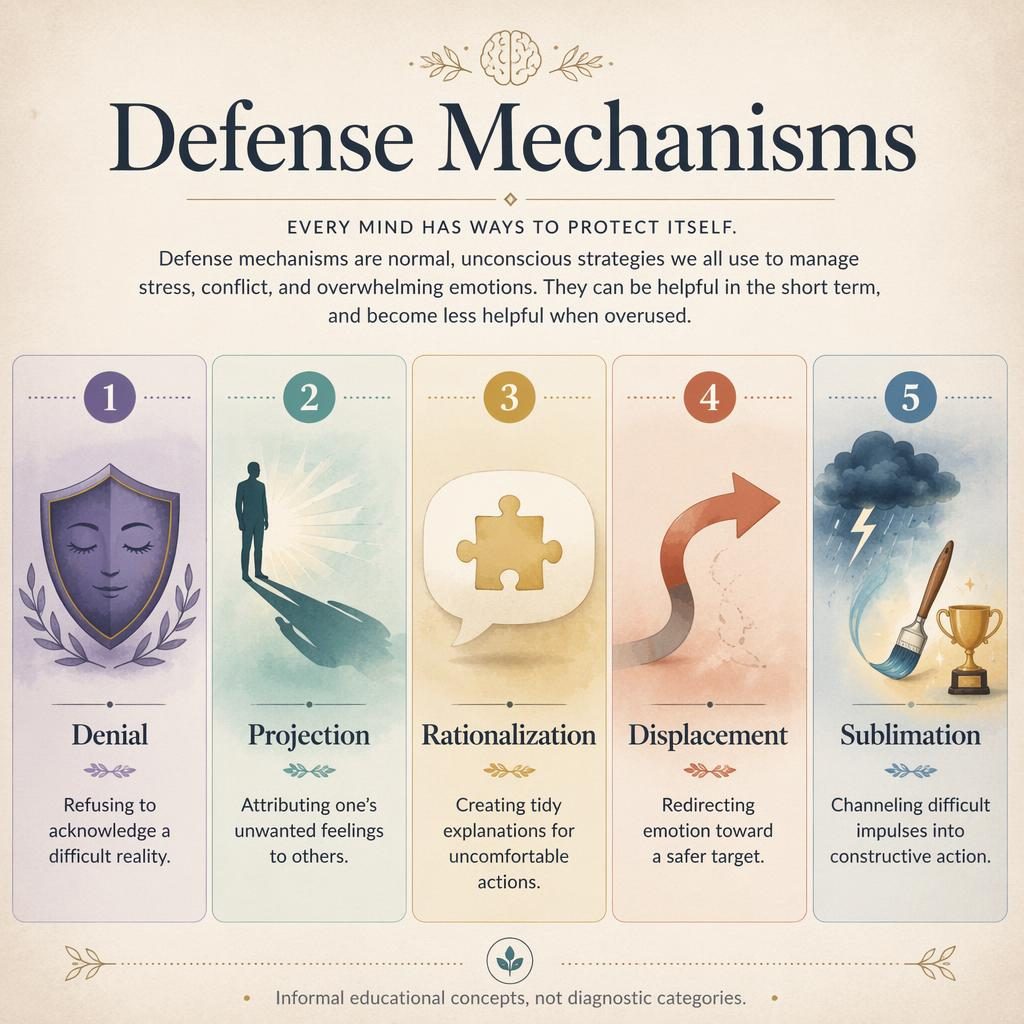 Editorial infographic with 5 numbered cards for denial, projection, rationalization, displacement, and sublimation.
