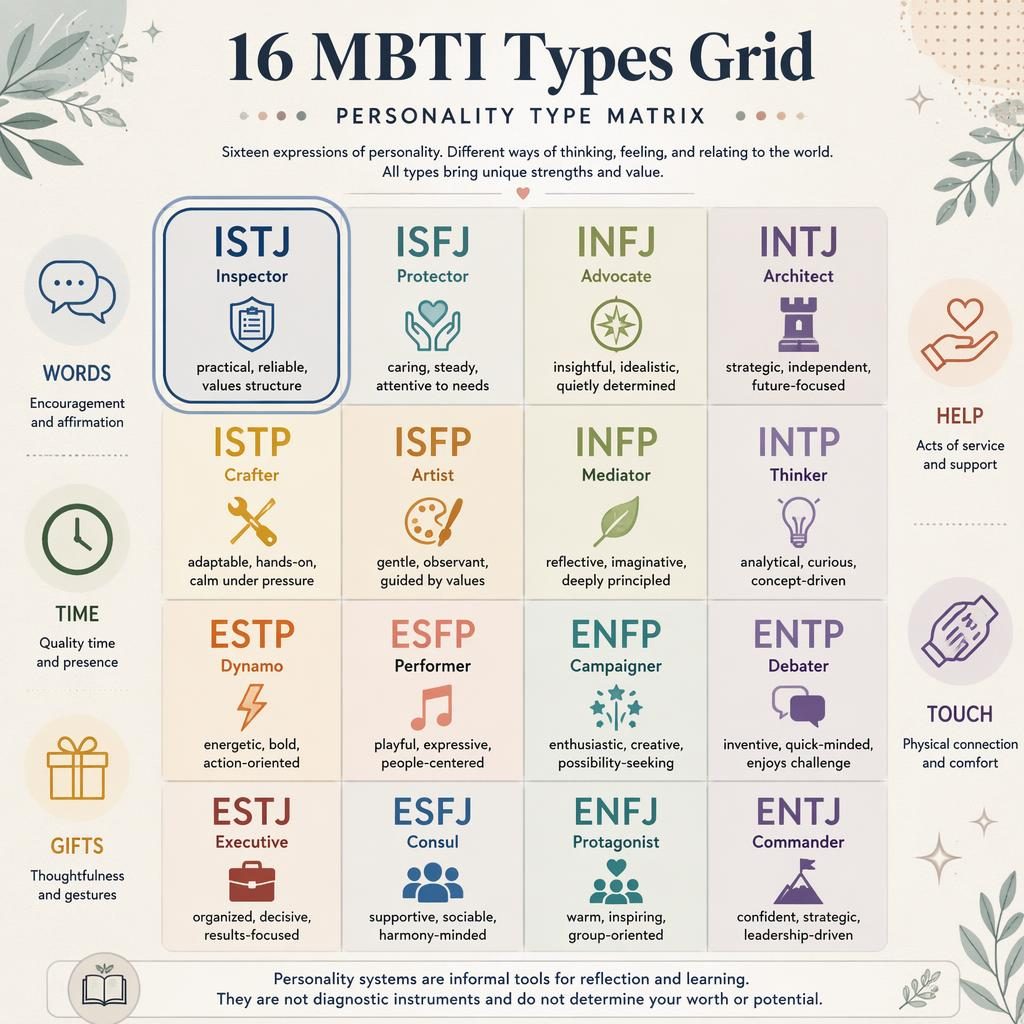Editorial psychology infographic showing a 4x4 grid of all 16 MBTI types, with istjs subtly highlighted and soft icon accents.