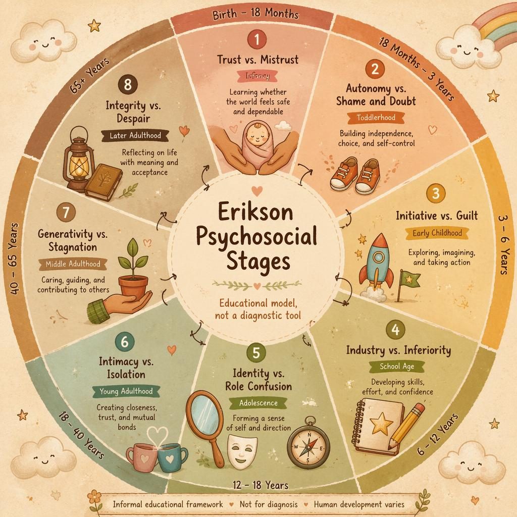 Circular Erikson Psychosocial Stages infographic with 8 hand-drawn life-stage segments in warm earthy tones and soft cloud motifs.