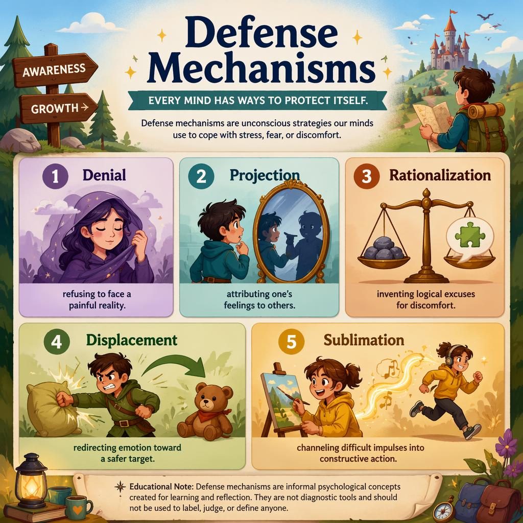 Educational psychology infographic with 5 numbered cards, icons for denial, projection, rationalization, displacement, and sublimation.