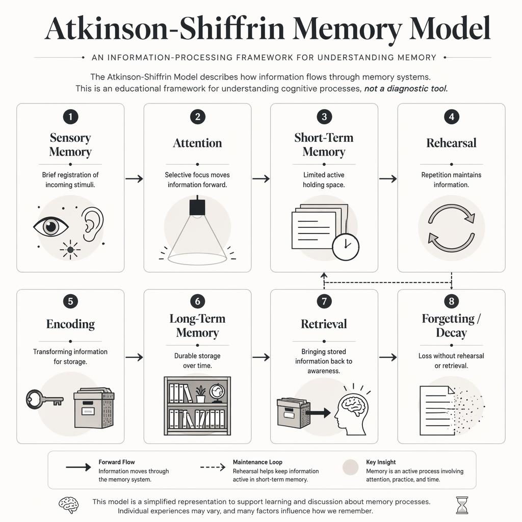 Monochrome psychology infographic grid showing 8 Atkinson-Shiffrin memory model stages with icons, captions, and flow arrows.