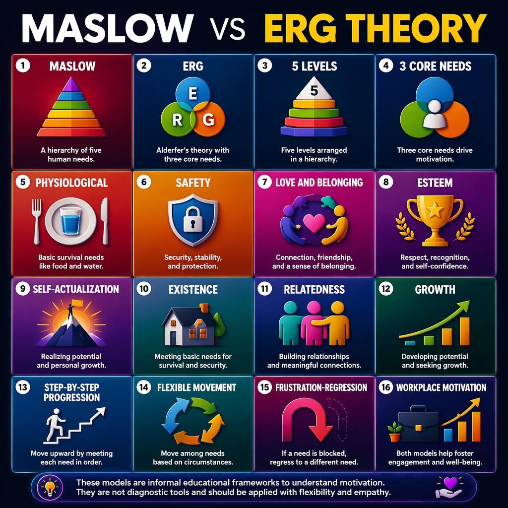 Editorial psychology infographic comparing Maslow and ERG in a 4x4 grid with icons, gradients, captions, and footer note.