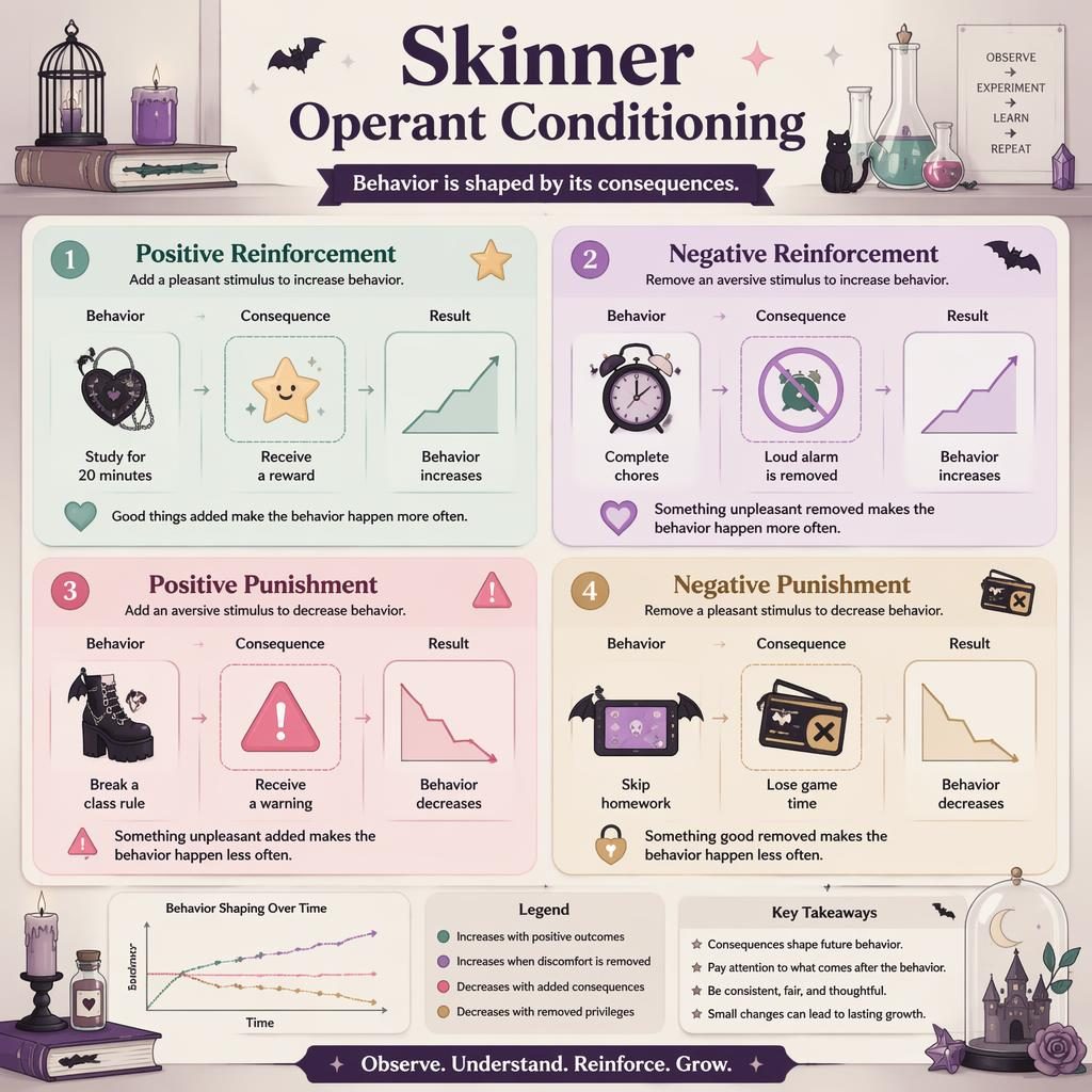 Pastel 4-quadrant infographic on operant conditioning with headings, icons, mini diagrams, arrows, and classroom cues.