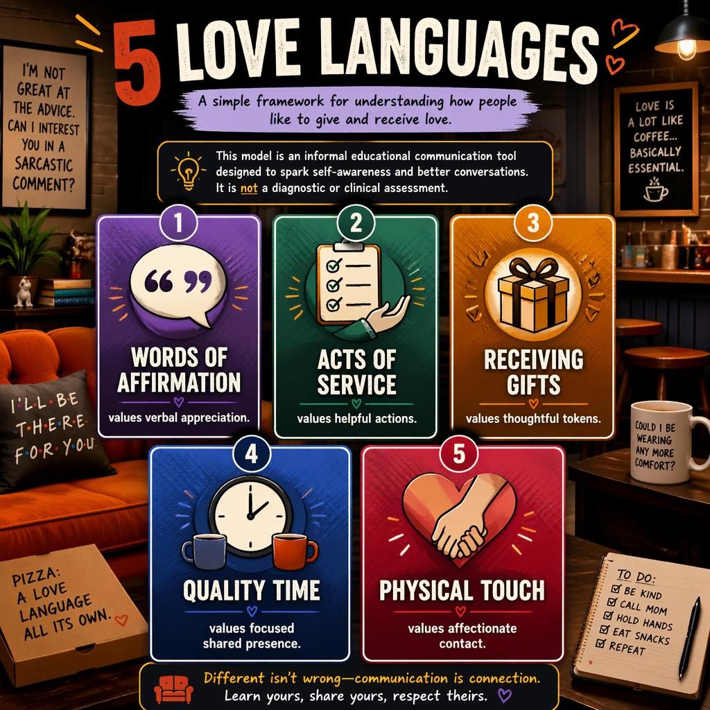 Editorial infographic of 5 Love Languages in a symmetric 5-card grid with icons, bold gradients, orange sofa accents.