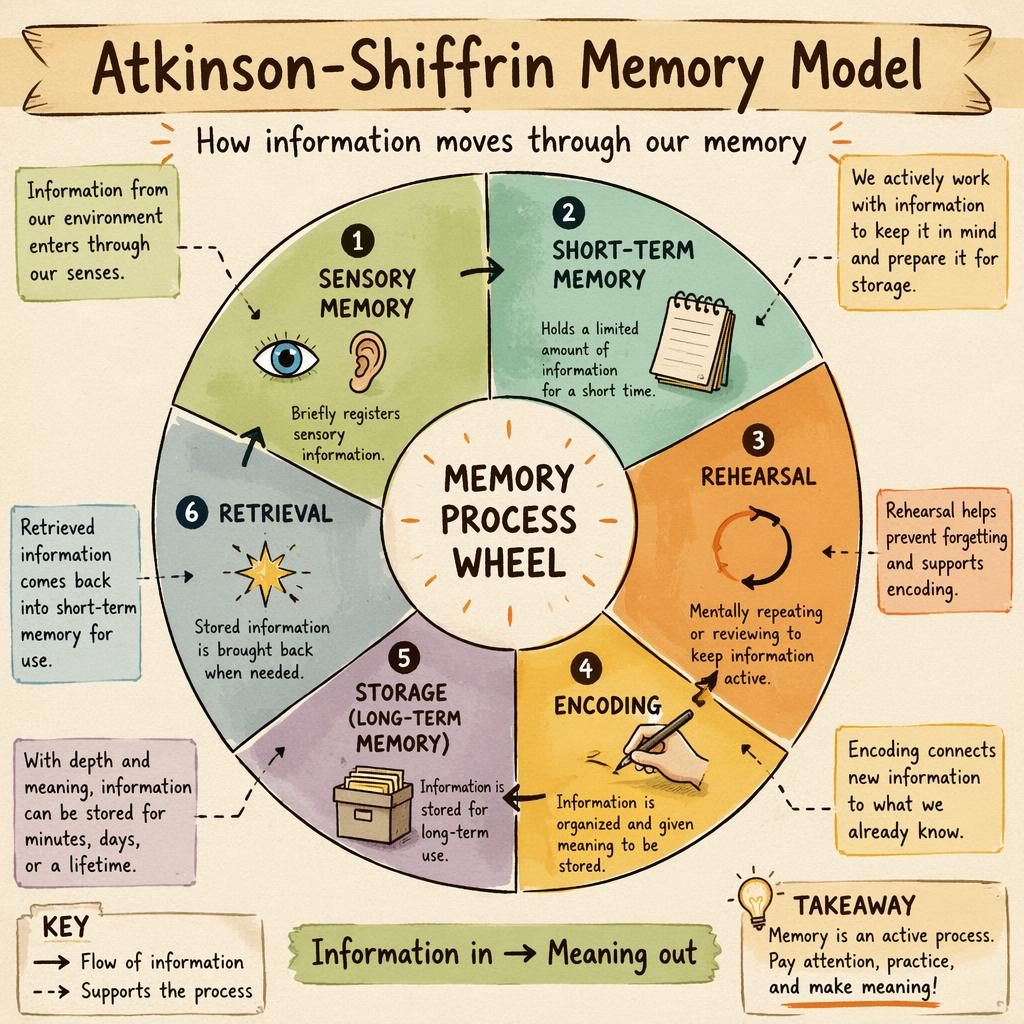 Hand-drawn memory process wheel showing sensory memory, short-term memory, rehearsal, encoding, storage, and retrieval.