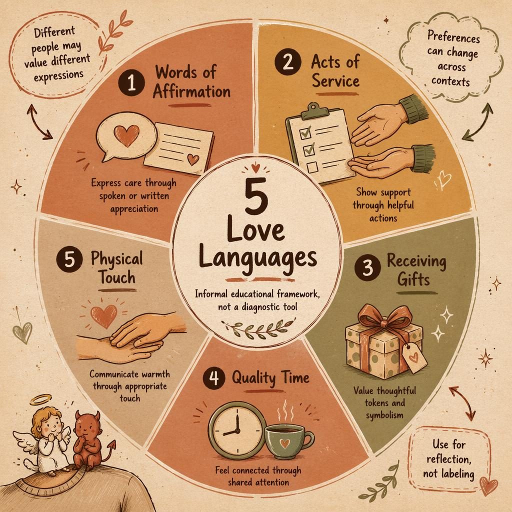 Sketchnote-style 5 Love Languages wheel infographic in warm earth tones with icons, callouts, and tiny angel devil mbti doodle.