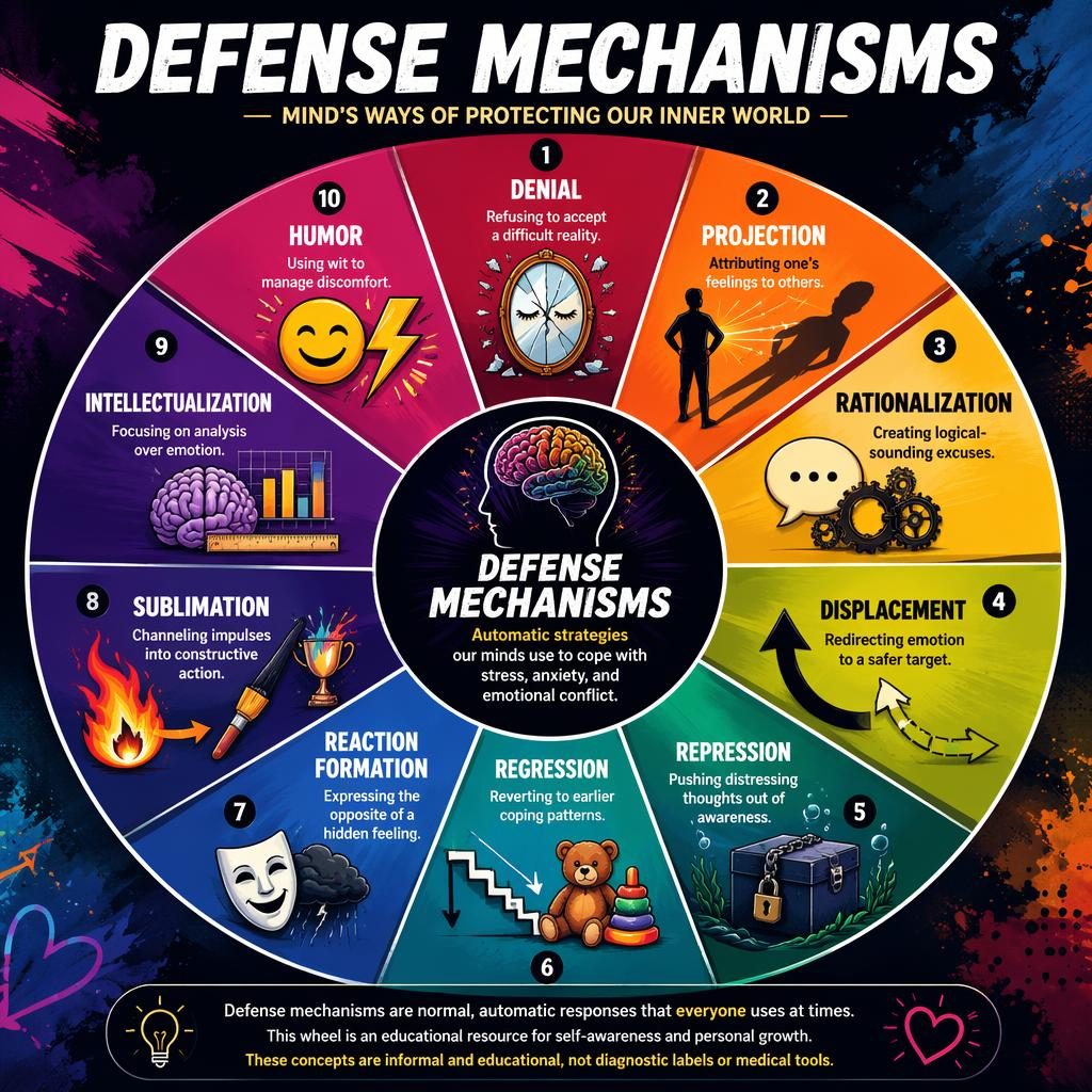 Editorial psychology infographic with a vivid 10-segment Defense Mechanisms wheel, icons, captions, and footer note.