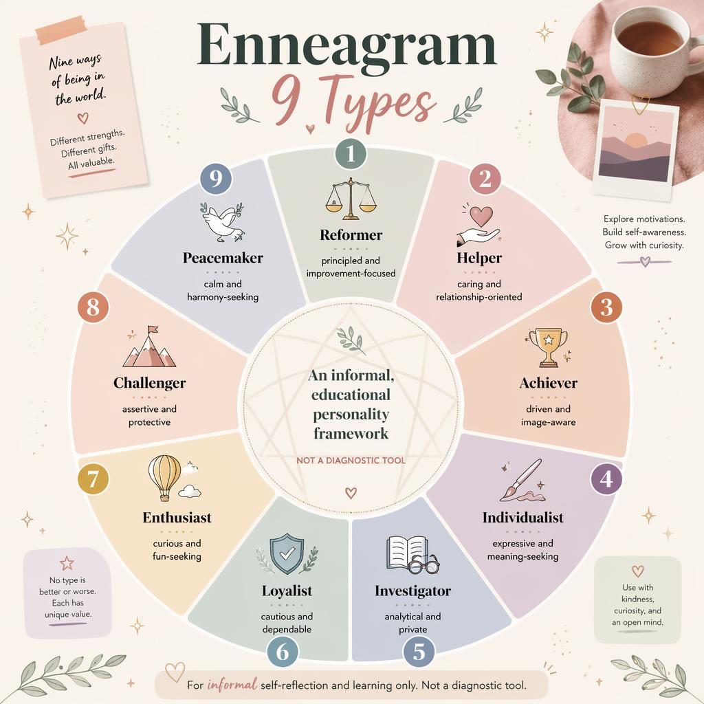 Pastel Enneagram 9 Types wheel infographic with 9 numbered personality cards, icons, soft cream background, and footer note.