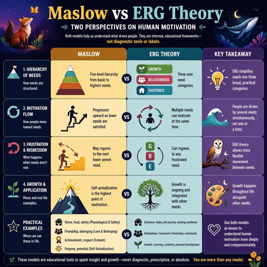 Editorial psychology infographic with a 4x4 comparison matrix of Maslow and ERG Theory, icons, captions, and subtle whimsical animal motifs.