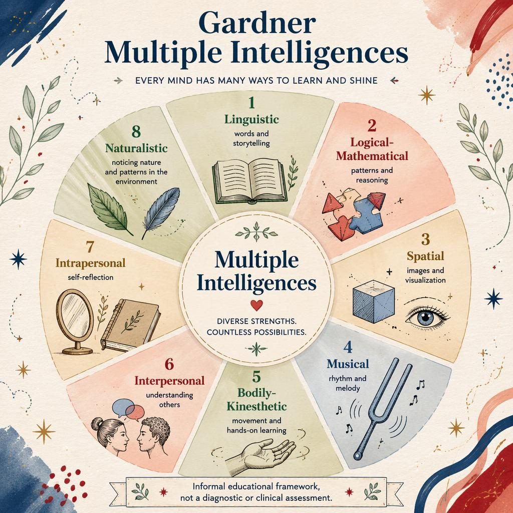 Editorial psychology wheel infographic on multiple intelligences with 8 labeled segments, icons, sage blush palette, and footer note